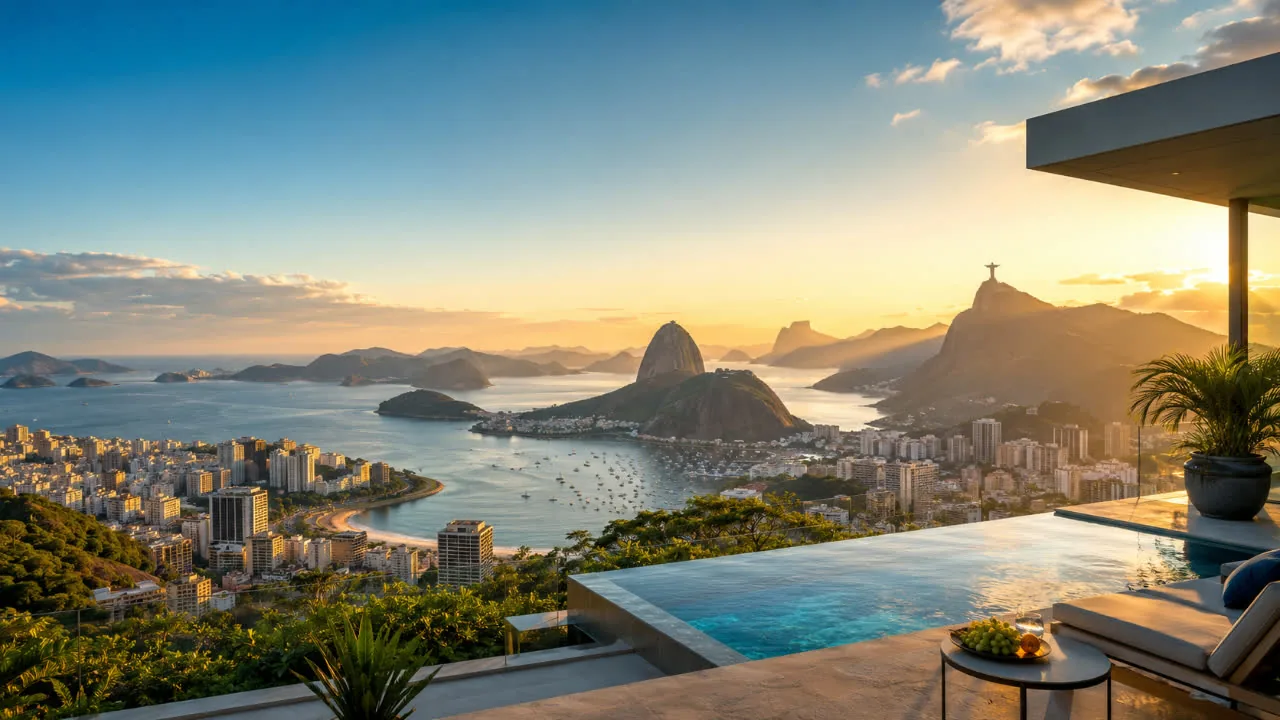 Vista aérea do Rio de Janeiro com orla e piscina de imóvel de alto padrão